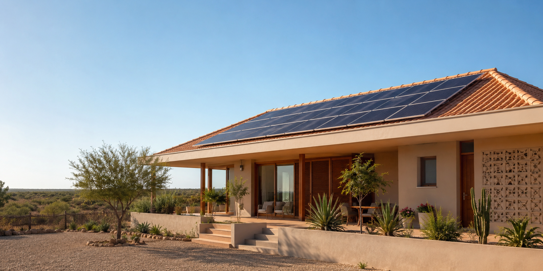 Casa com painéis de energia solar instalados no telhado